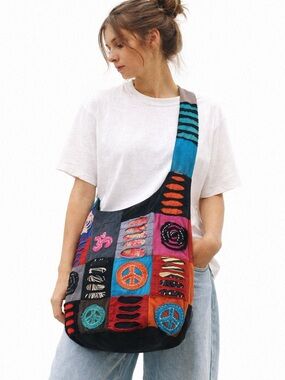 Boho Patchwork Hobo Bag Peace Sign Embroidered Slouchy Indie
Purse
